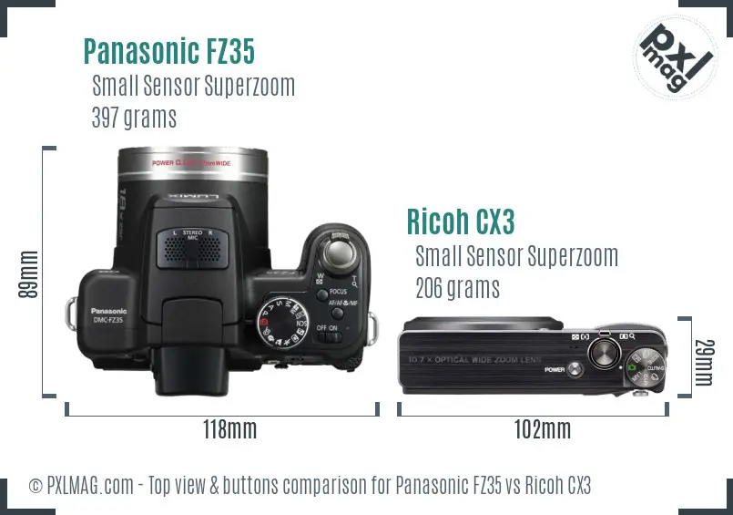 Panasonic FZ35 vs Ricoh CX3 top view buttons comparison