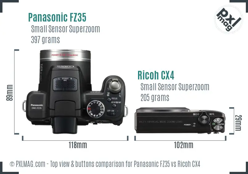 Panasonic FZ35 vs Ricoh CX4 top view buttons comparison Panasonic FZ35 vs Ricoh CX4 top view buttons comparison