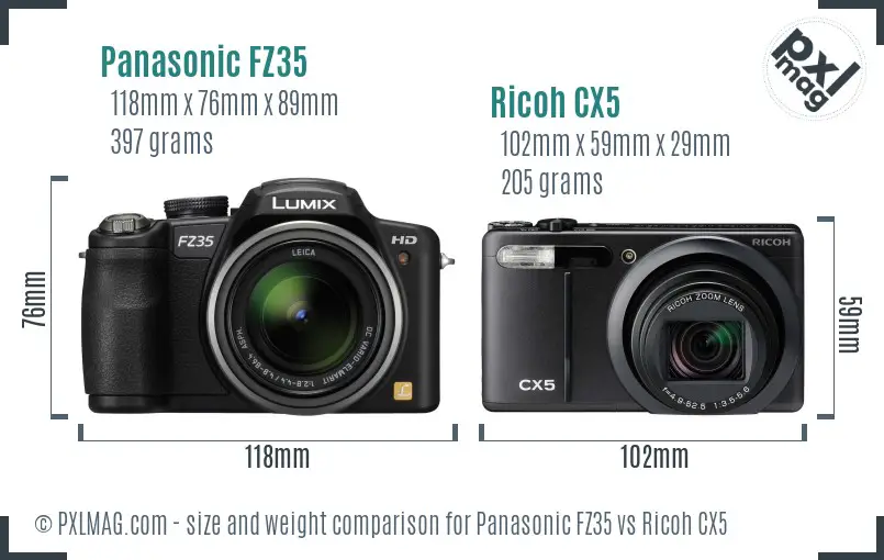 Panasonic FZ35 vs Ricoh CX5 size comparison