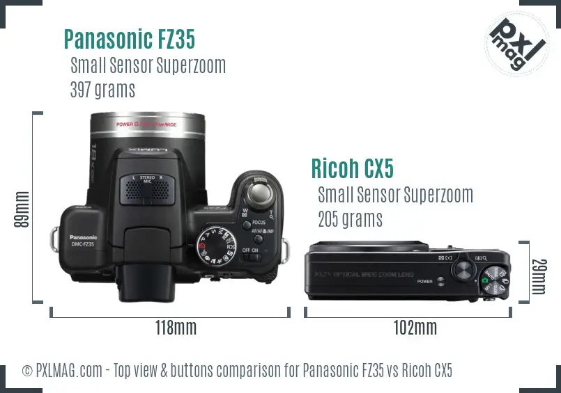 Panasonic FZ35 vs Ricoh CX5 top view buttons comparison