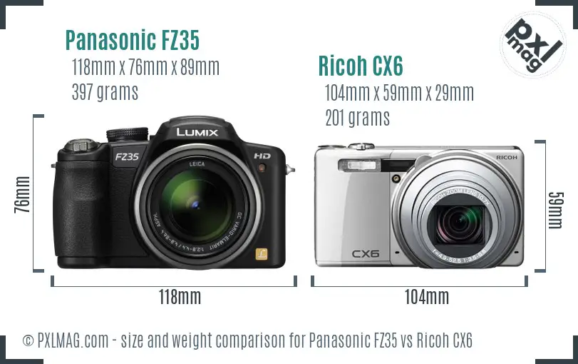 Panasonic FZ35 vs Ricoh CX6 size comparison