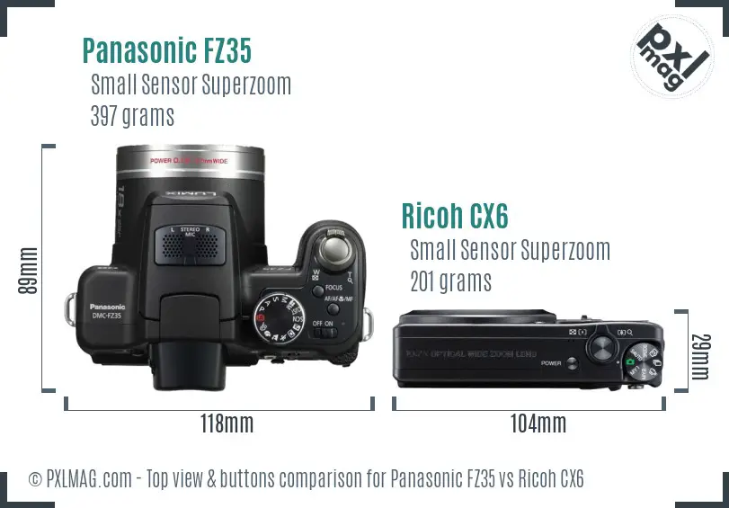 Panasonic FZ35 vs Ricoh CX6 top view buttons comparison