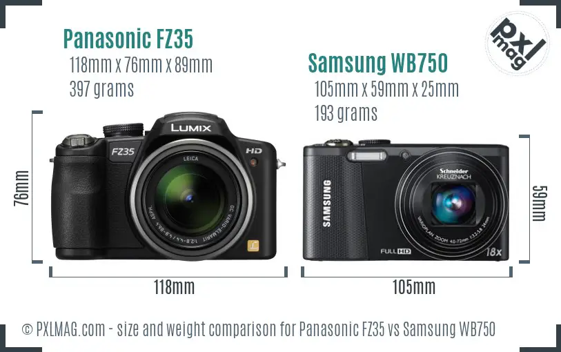 Panasonic FZ35 vs Samsung WB750 size comparison