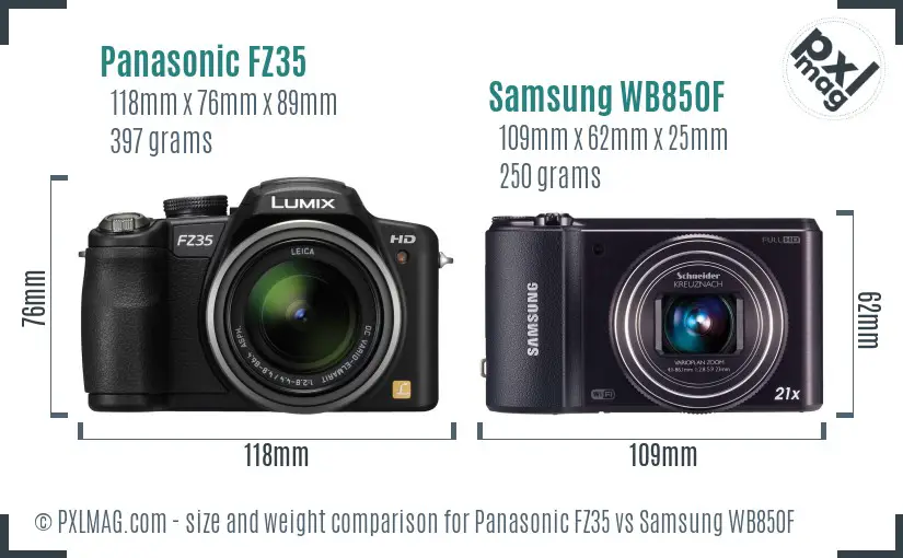 Panasonic FZ35 vs Samsung WB850F size comparison