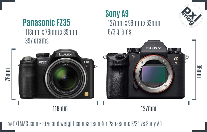 Panasonic FZ35 vs Sony A9 size comparison