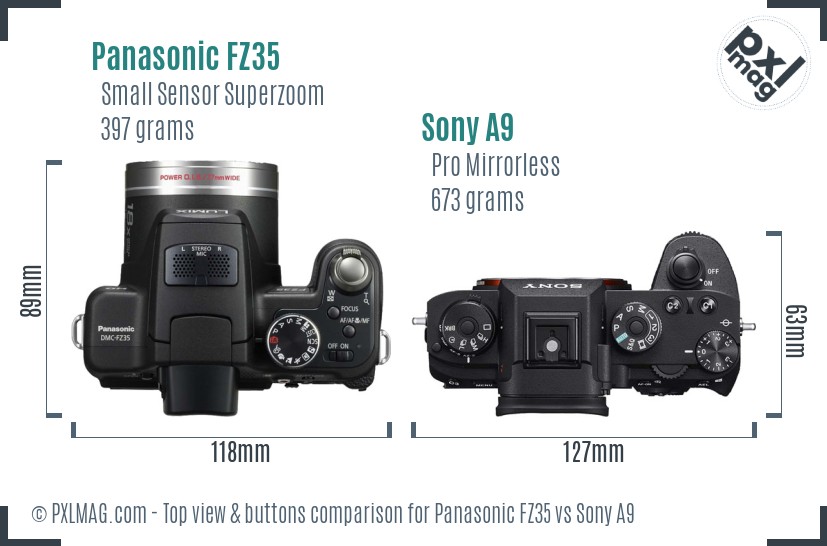 Panasonic FZ35 vs Sony A9 top view buttons comparison