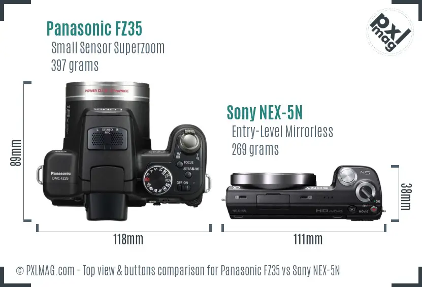 Panasonic FZ35 vs Sony NEX-5N top view buttons comparison Panasonic FZ35 vs Sony NEX-5N top view buttons comparison