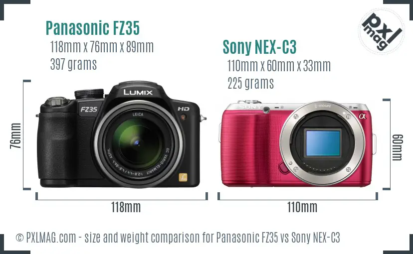 Panasonic FZ35 vs Sony NEX-C3 size comparison
