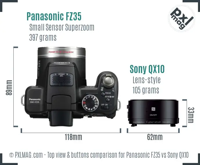 Panasonic FZ35 vs Sony QX10 top view buttons comparison
