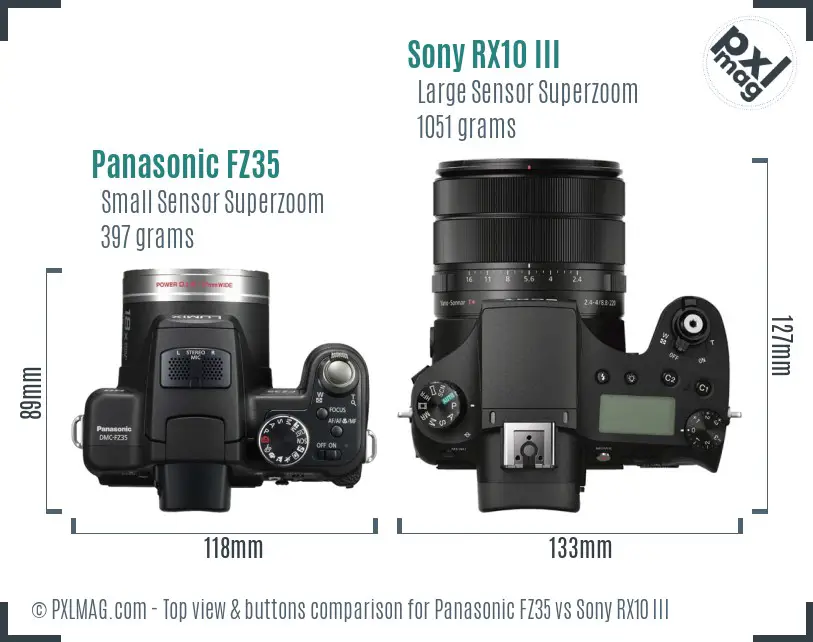 Panasonic FZ35 vs Sony RX10 III top view buttons comparison Panasonic FZ35 vs Sony RX10 III top view buttons comparison
