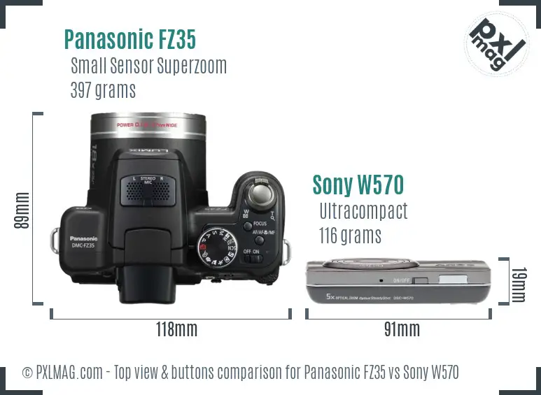 Panasonic FZ35 vs Sony W570 top view buttons comparison Panasonic FZ35 vs Sony W570 top view buttons comparison