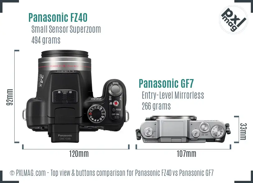 Panasonic FZ40 vs Panasonic GF7 top view buttons comparison