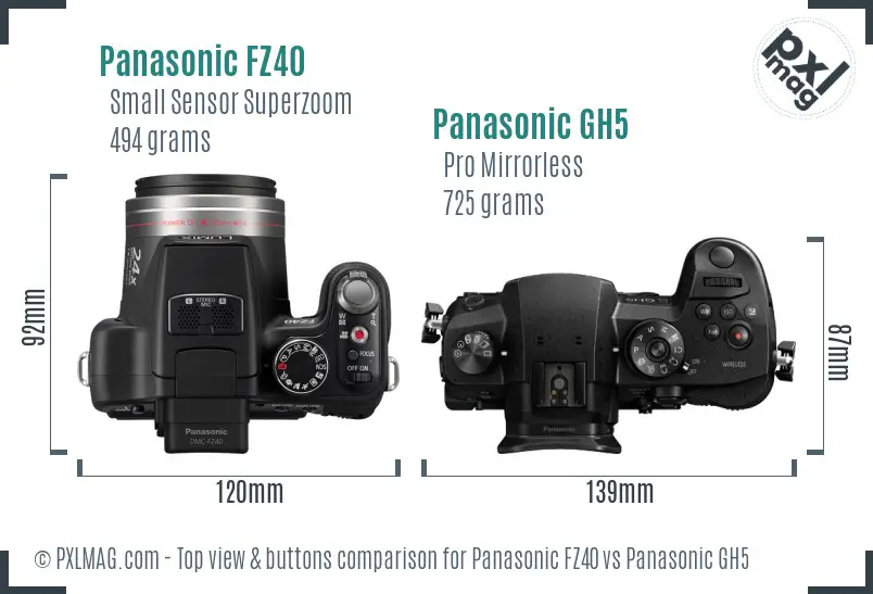Panasonic FZ40 vs Panasonic GH5 top view buttons comparison