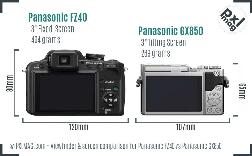 Panasonic FZ40 vs Panasonic GX850 Screen and Viewfinder comparison