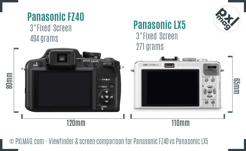 Panasonic FZ40 vs Panasonic LX5 Screen and Viewfinder comparison