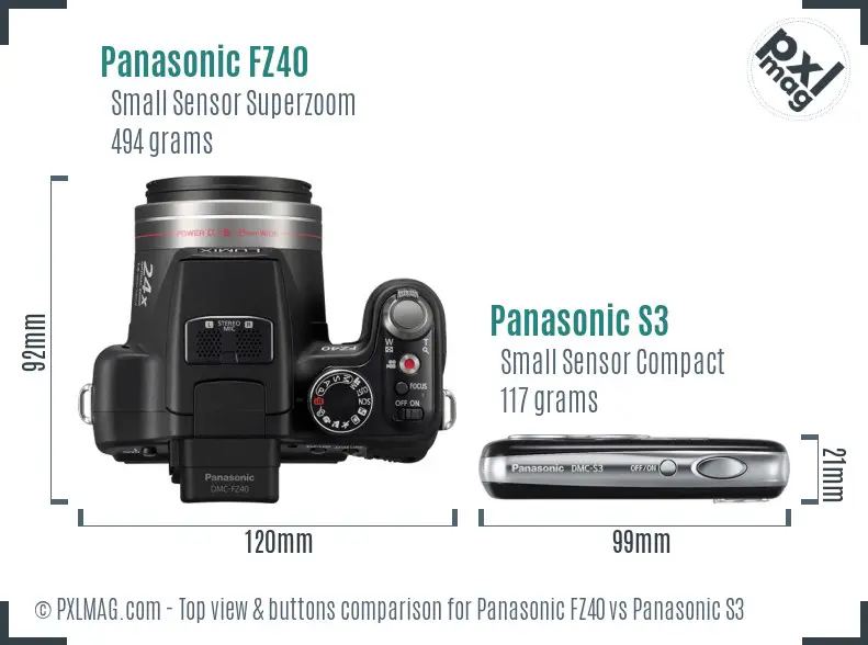 Panasonic FZ40 vs Panasonic S3 top view buttons comparison