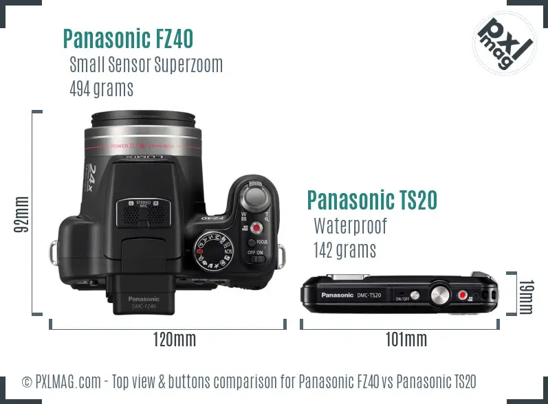 Panasonic FZ40 vs Panasonic TS20 top view buttons comparison