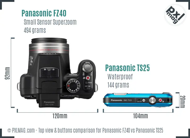 Panasonic FZ40 vs Panasonic TS25 top view buttons comparison