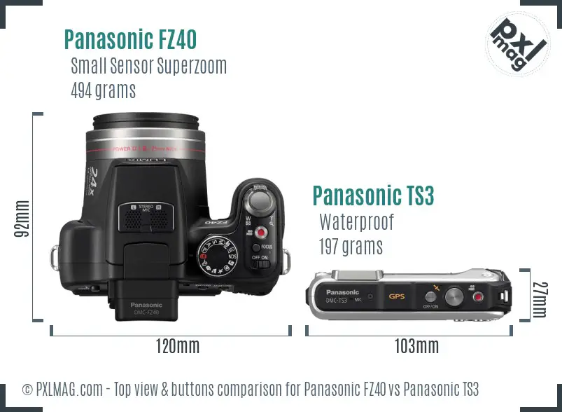 Panasonic FZ40 vs Panasonic TS3 top view buttons comparison