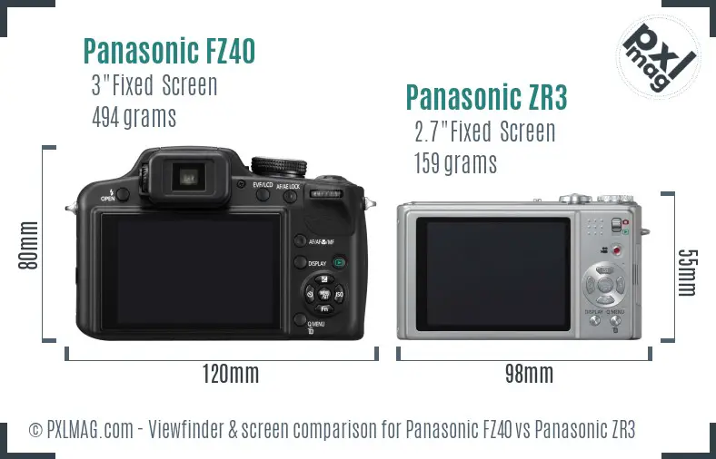 Panasonic FZ40 vs Panasonic ZR3 Screen and Viewfinder comparison