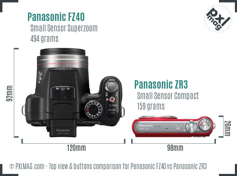 Panasonic FZ40 vs Panasonic ZR3 top view buttons comparison