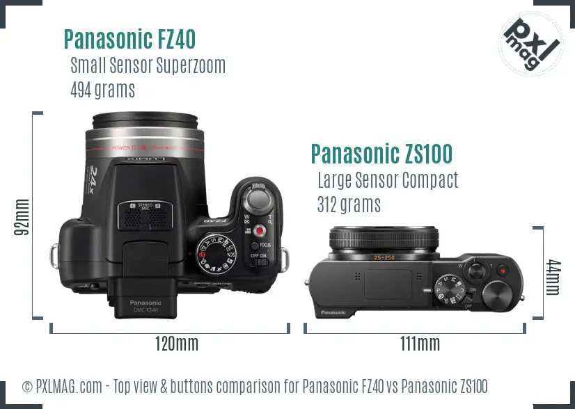 Panasonic FZ40 vs Panasonic ZS100 top view buttons comparison