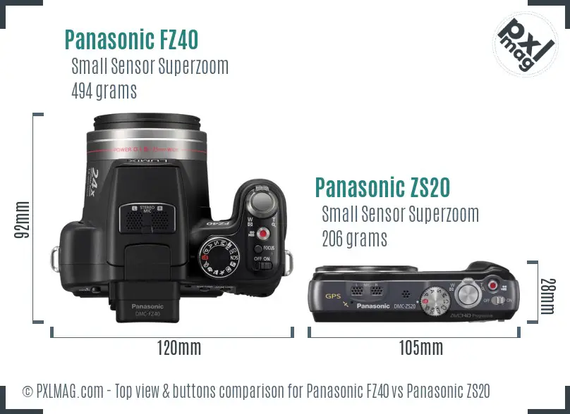 Panasonic FZ40 vs Panasonic ZS20 top view buttons comparison