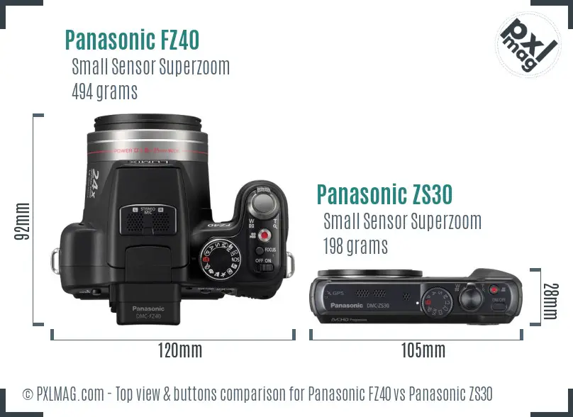 Panasonic FZ40 vs Panasonic ZS30 top view buttons comparison