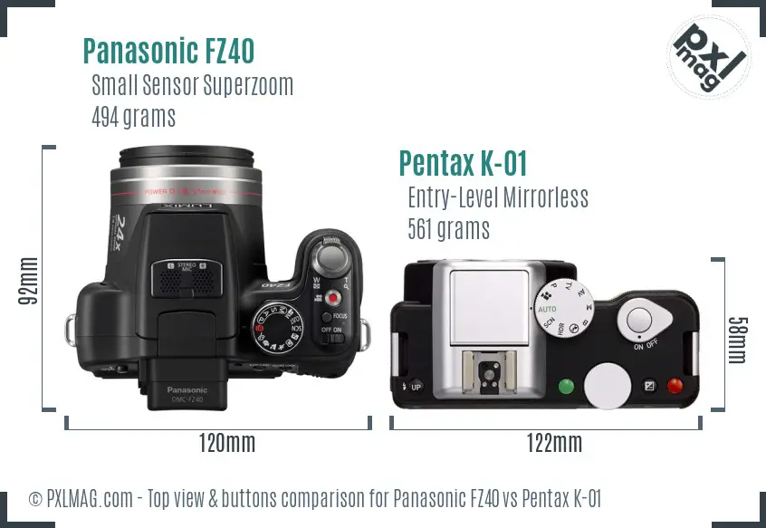 Panasonic FZ40 vs Pentax K-01 top view buttons comparison