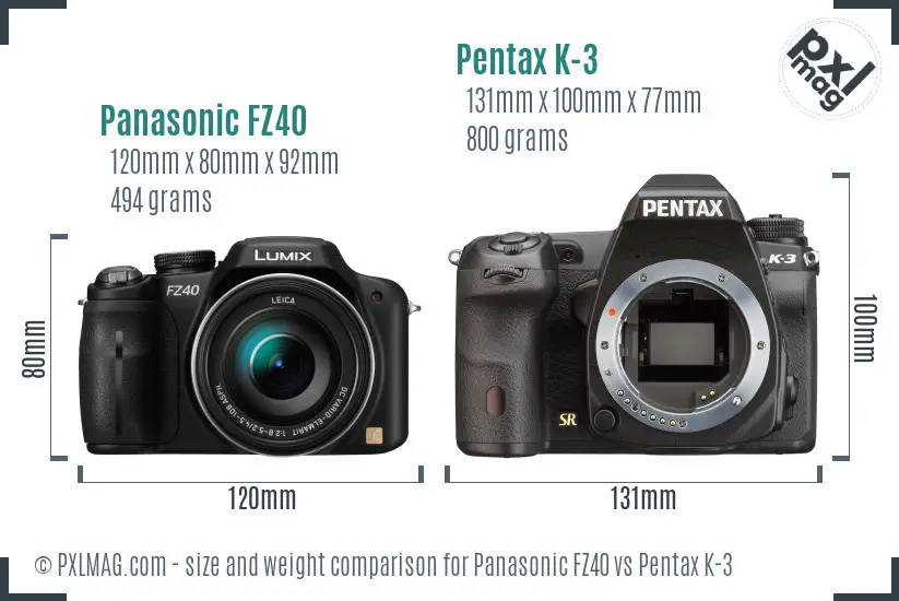 Panasonic FZ40 vs Pentax K-3 size comparison