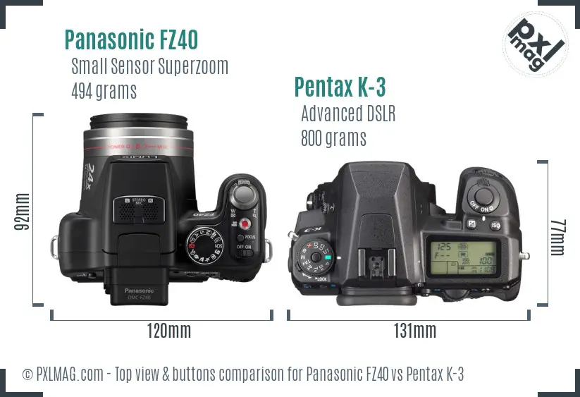 Panasonic FZ40 vs Pentax K-3 top view buttons comparison