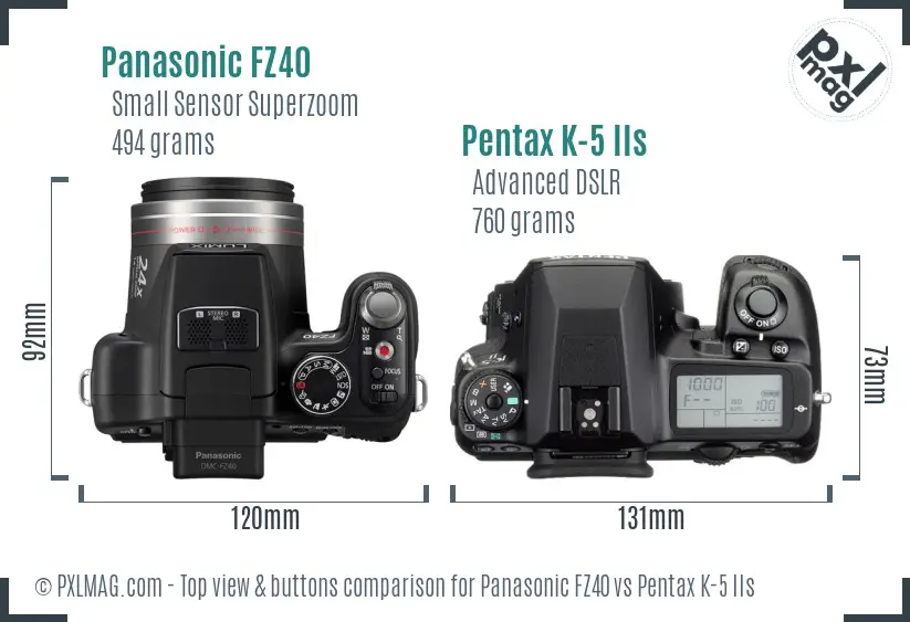 Panasonic FZ40 vs Pentax K-5 IIs top view buttons comparison