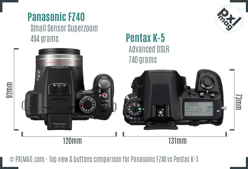 Panasonic FZ40 vs Pentax K-5 top view buttons comparison
