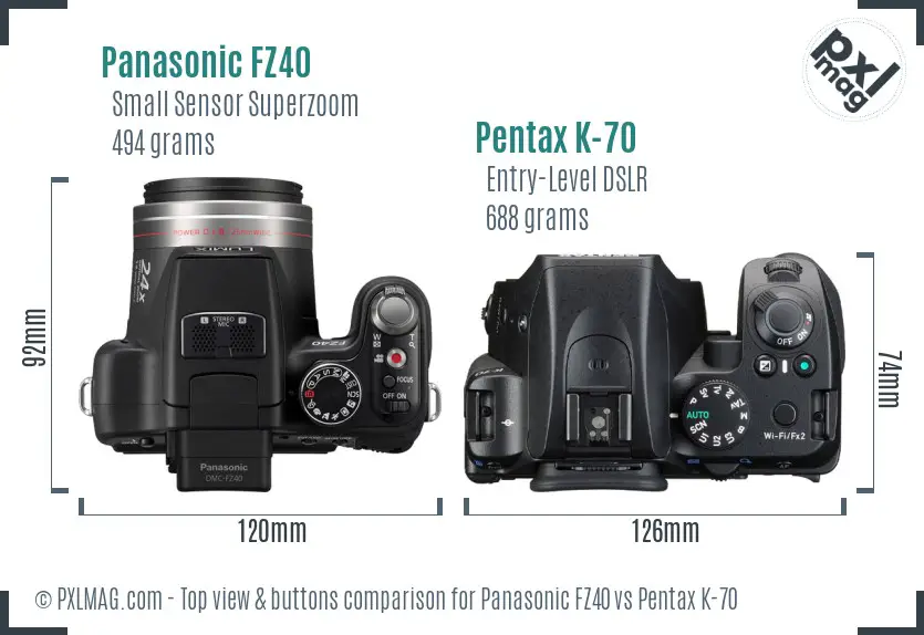 Panasonic FZ40 vs Pentax K-70 top view buttons comparison