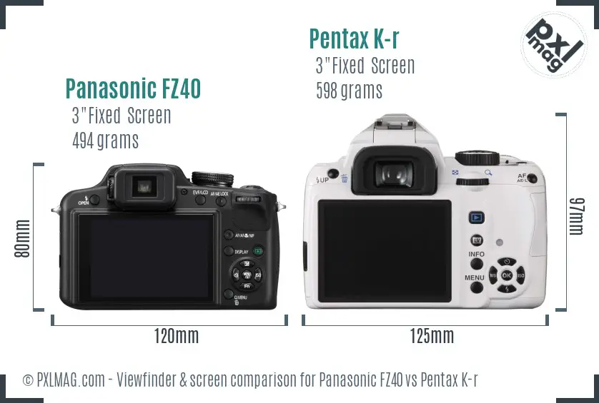 Panasonic FZ40 vs Pentax K-r Screen and Viewfinder comparison