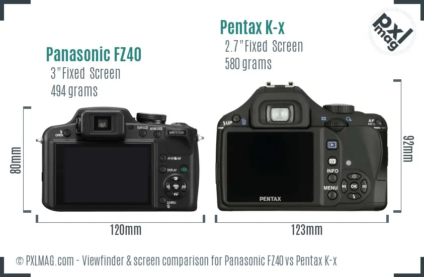 Panasonic FZ40 vs Pentax K-x Screen and Viewfinder comparison