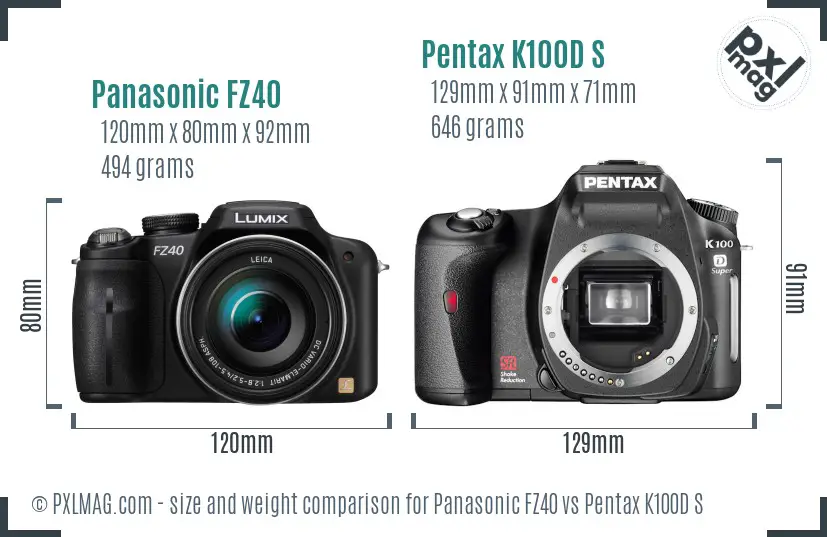 Panasonic FZ40 vs Pentax K100D S size comparison