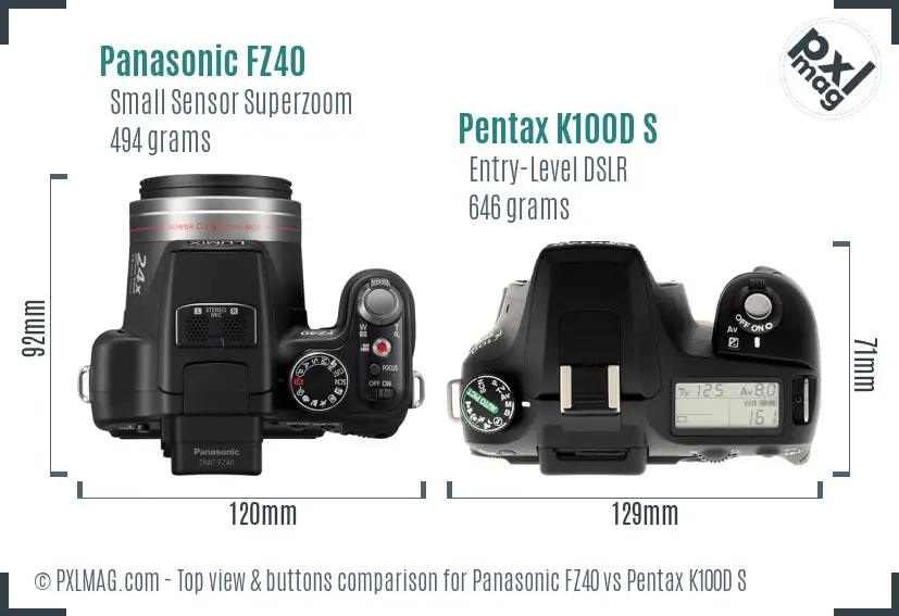 Panasonic FZ40 vs Pentax K100D S top view buttons comparison