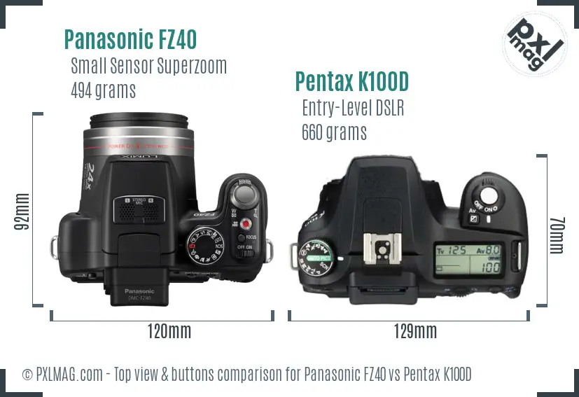 Panasonic FZ40 vs Pentax K100D top view buttons comparison