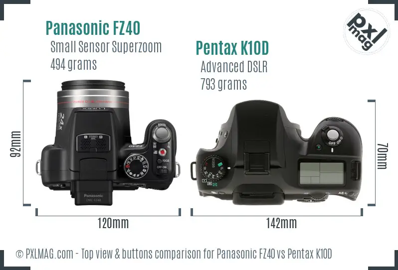 Panasonic FZ40 vs Pentax K10D top view buttons comparison