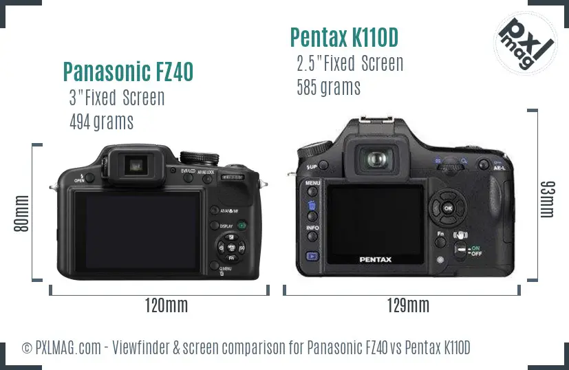 Panasonic FZ40 vs Pentax K110D Screen and Viewfinder comparison