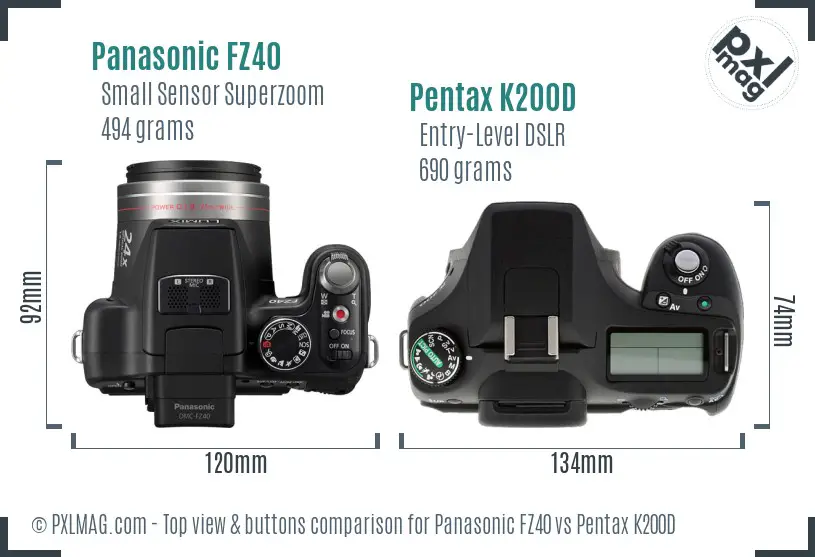 Panasonic FZ40 vs Pentax K200D top view buttons comparison
