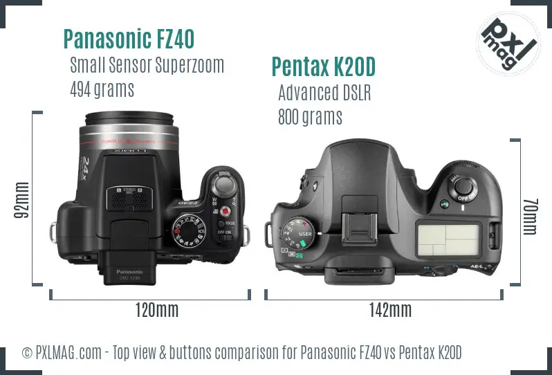 Panasonic FZ40 vs Pentax K20D top view buttons comparison