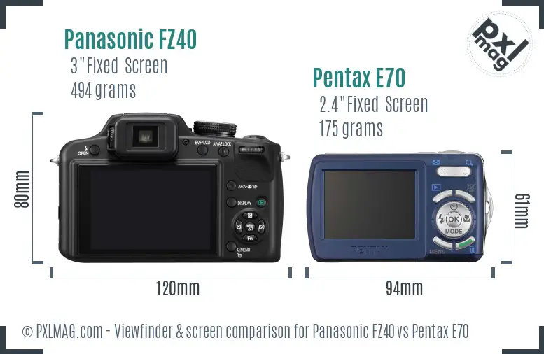 Panasonic FZ40 vs Pentax E70 Screen and Viewfinder comparison