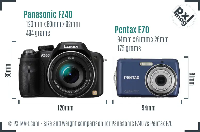 Panasonic FZ40 vs Pentax E70 size comparison