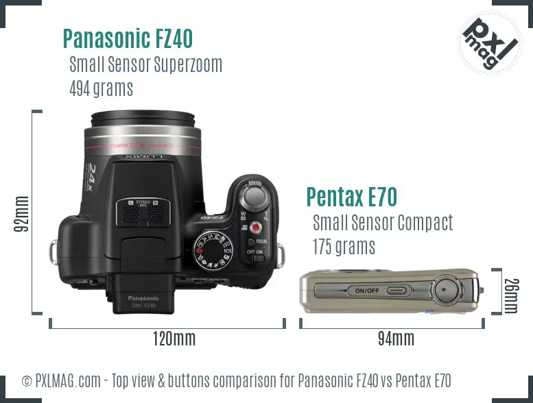 Panasonic FZ40 vs Pentax E70 top view buttons comparison