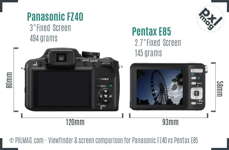 Panasonic FZ40 vs Pentax E85 Screen and Viewfinder comparison