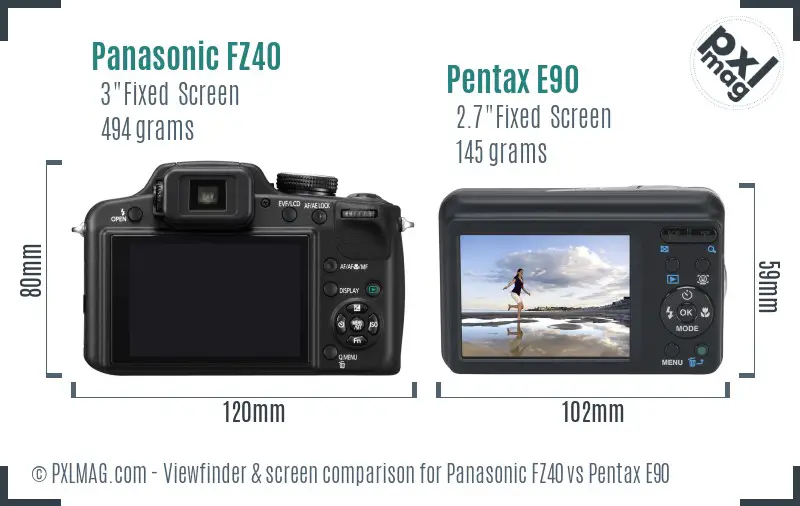 Panasonic FZ40 vs Pentax E90 Screen and Viewfinder comparison