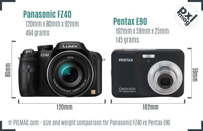 Panasonic FZ40 vs Pentax E90 size comparison