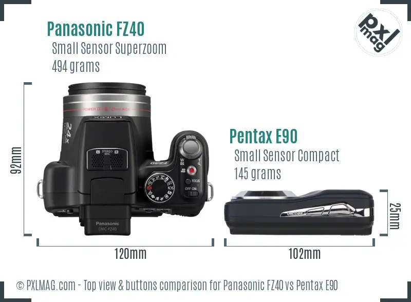 Panasonic FZ40 vs Pentax E90 top view buttons comparison